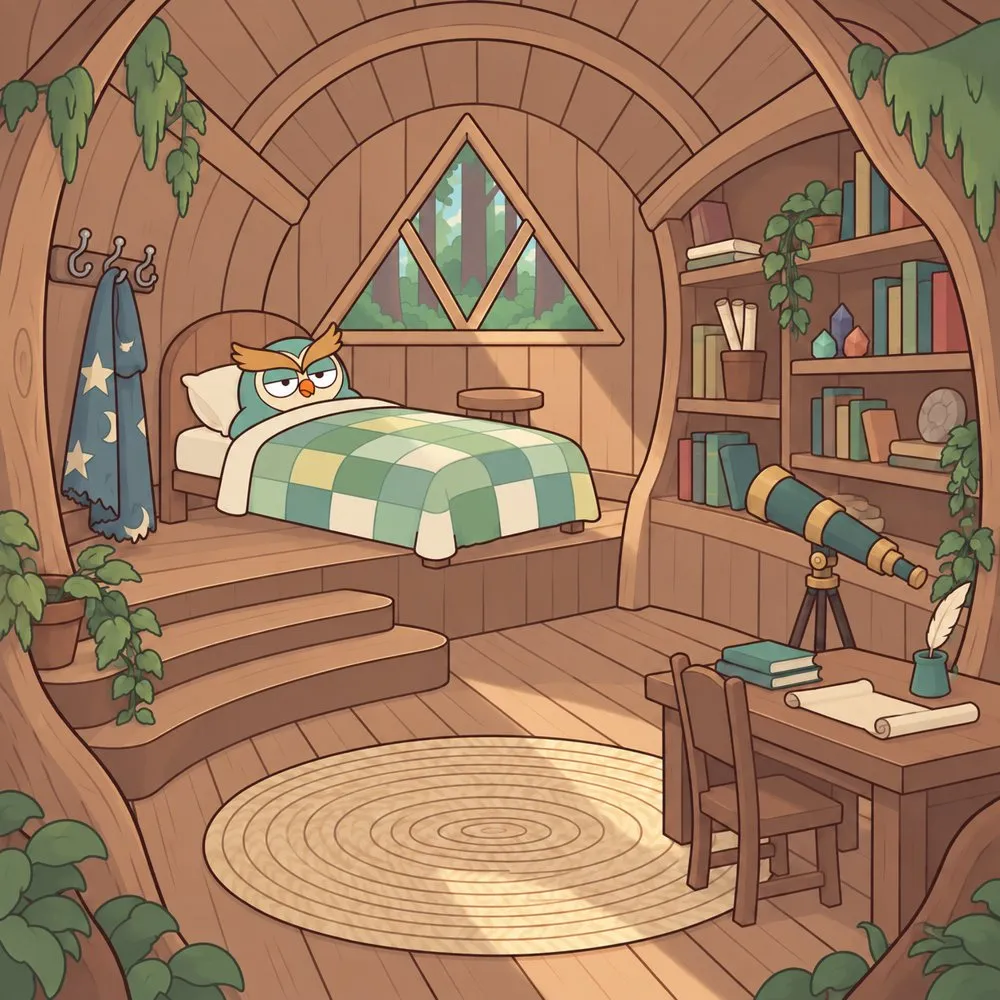 Hootie asleep in his cosy treehouse bedroom full of books, a telescope and a cloak on a hook.