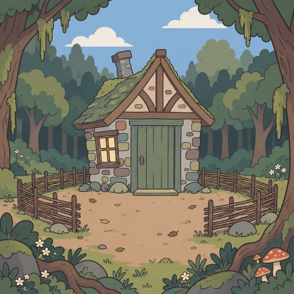 A crooked stone cottage with a green door and a fence.