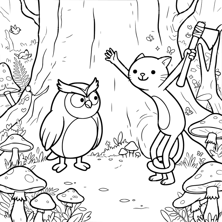 Colouring page: Hootie meets Tabitha. An owl, a cat and one flying axe.