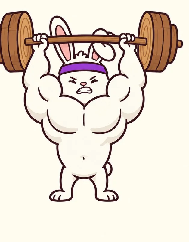 Gamey the rabbit lifting a huge wooden barbell with enormous arms.