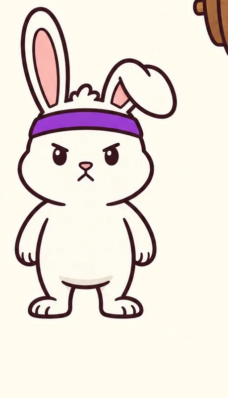 Gamey the small white rabbit in a purple headband, looking serious.