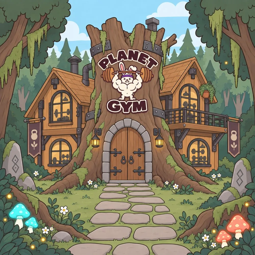 A timber gym built into a tree with a PLANET GYM sign.