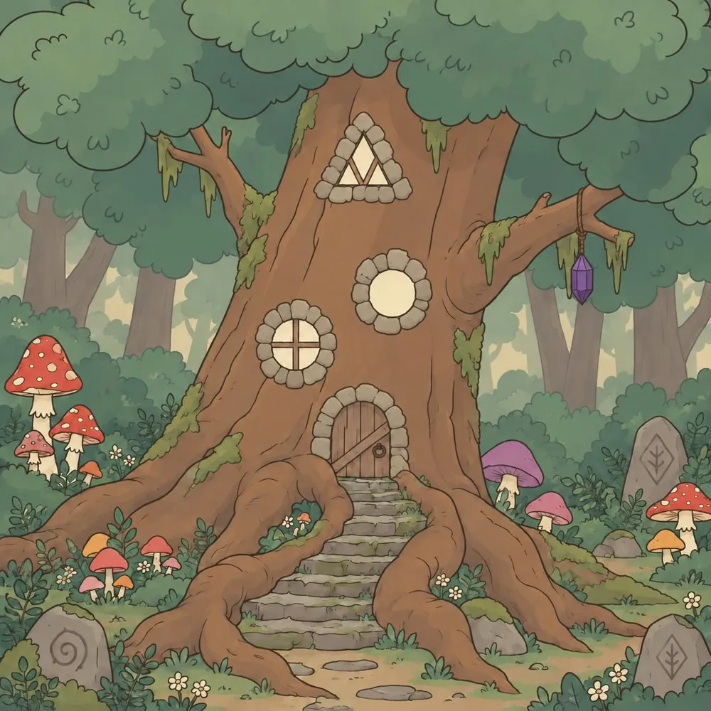A huge old tree with round windows and a little door.