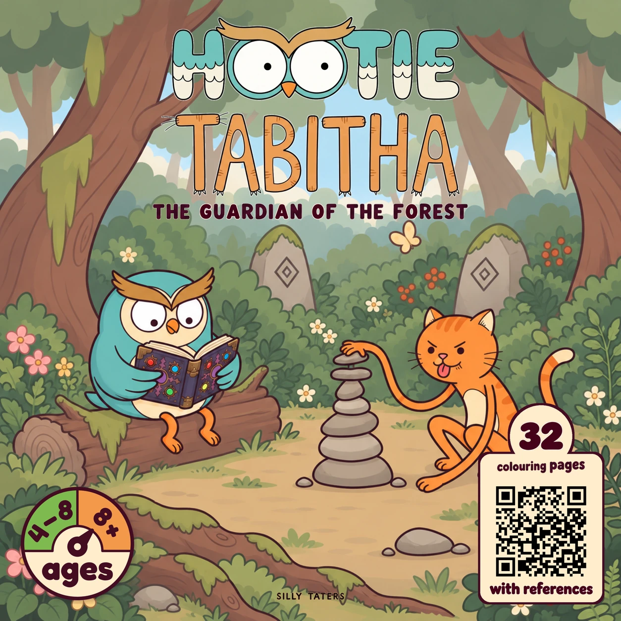 The Guardian of the Forest colouring book cover featuring Hootie and Tabitha.