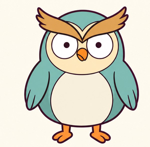Hootie the teal owl, looking only slightly suspicious of visitors.
