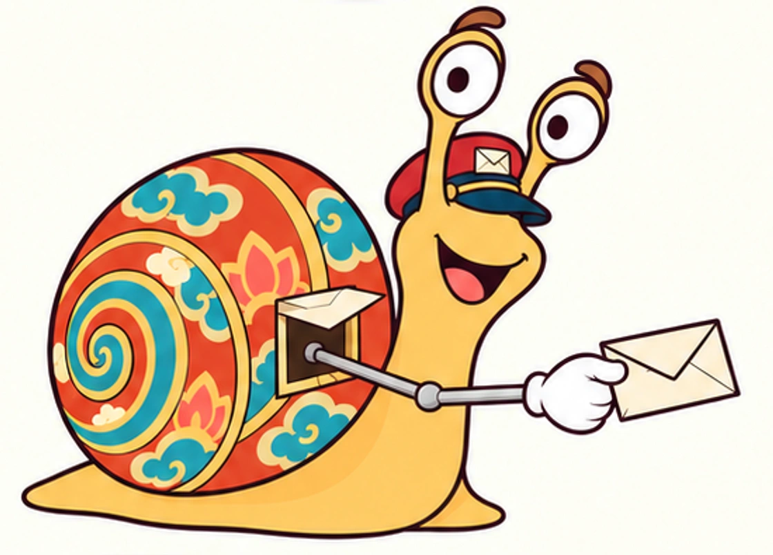 Jets, a smiling snail postman with a colourful shell, holding out a letter with a gloved hand.