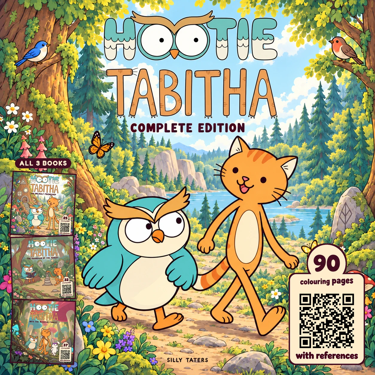 The complete Hootie and Tabitha colouring book cover, with the owl and orange cat in the forest.