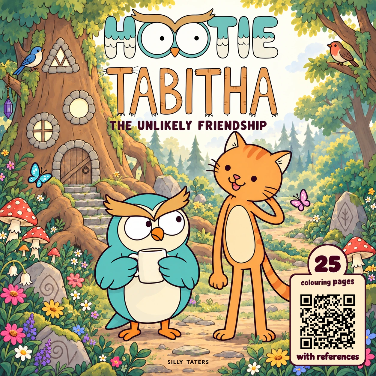 The Unlikely Friendship cover: Hootie with his coffee and Tabitha smiling outside the treehouse.
