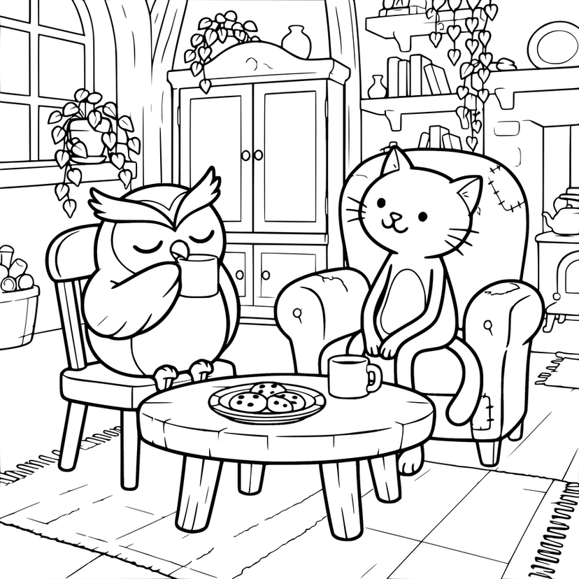 A line-art page of Hootie and Tabitha sharing biscuits, coloured in.