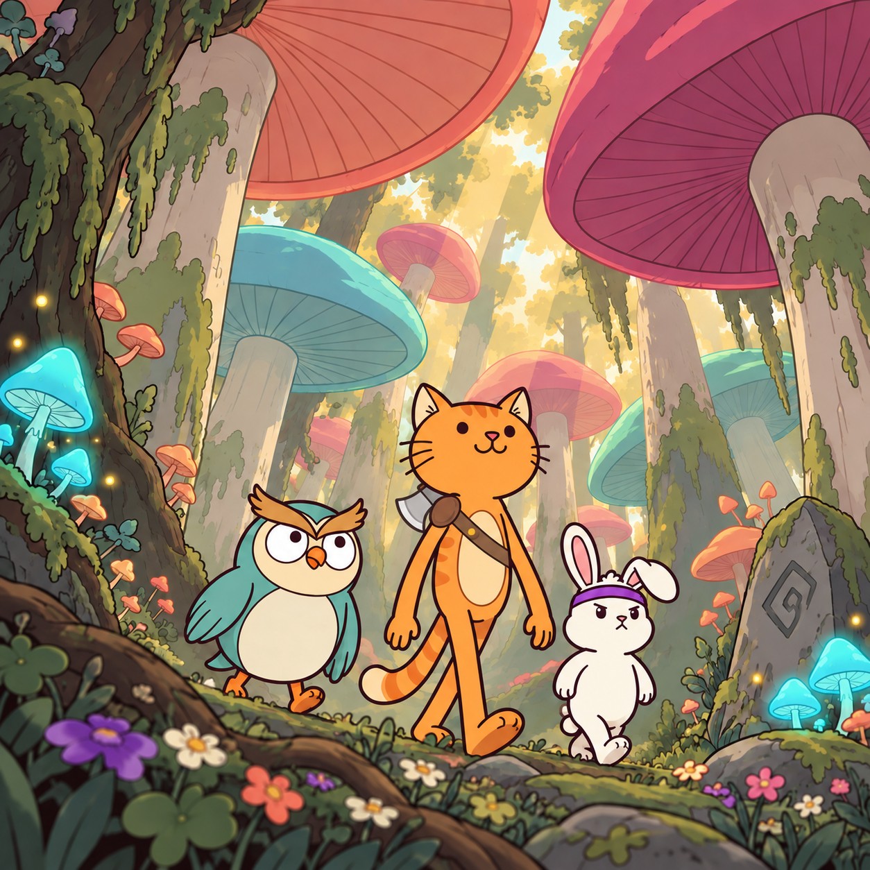 Hootie the owl, Tabitha the orange cat and Gamey the rabbit under giant colourful mushrooms in the forest.