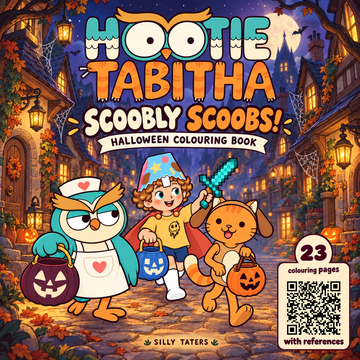 Trick or Treat Scoobly Scoobs cover for ages 8+, with the three friends carrying pumpkin buckets along a lantern-lit street.