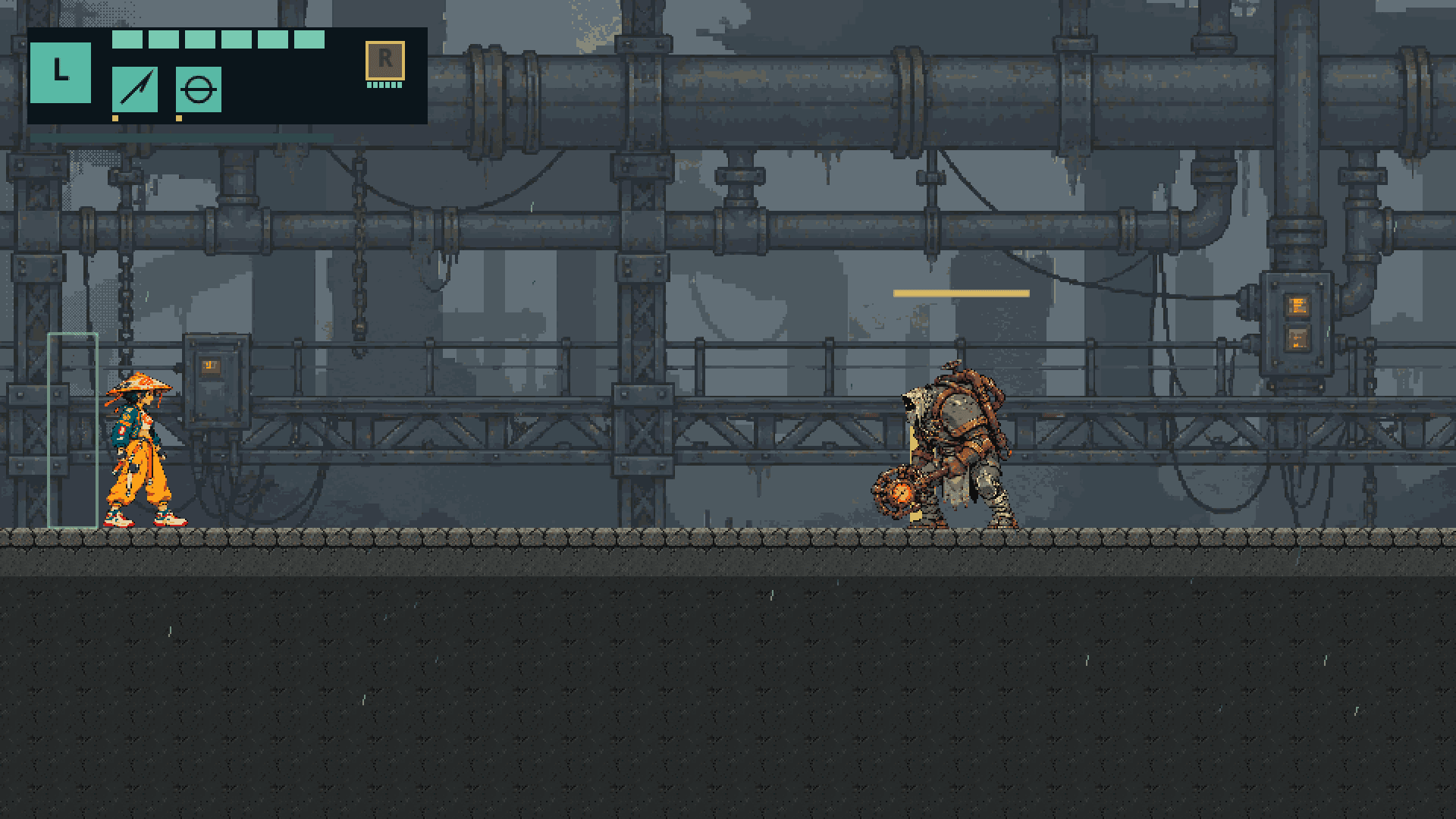 Pixel-art Leaf in a straw hat faces a hulking rusty robot on a walkway under big grey pipes.