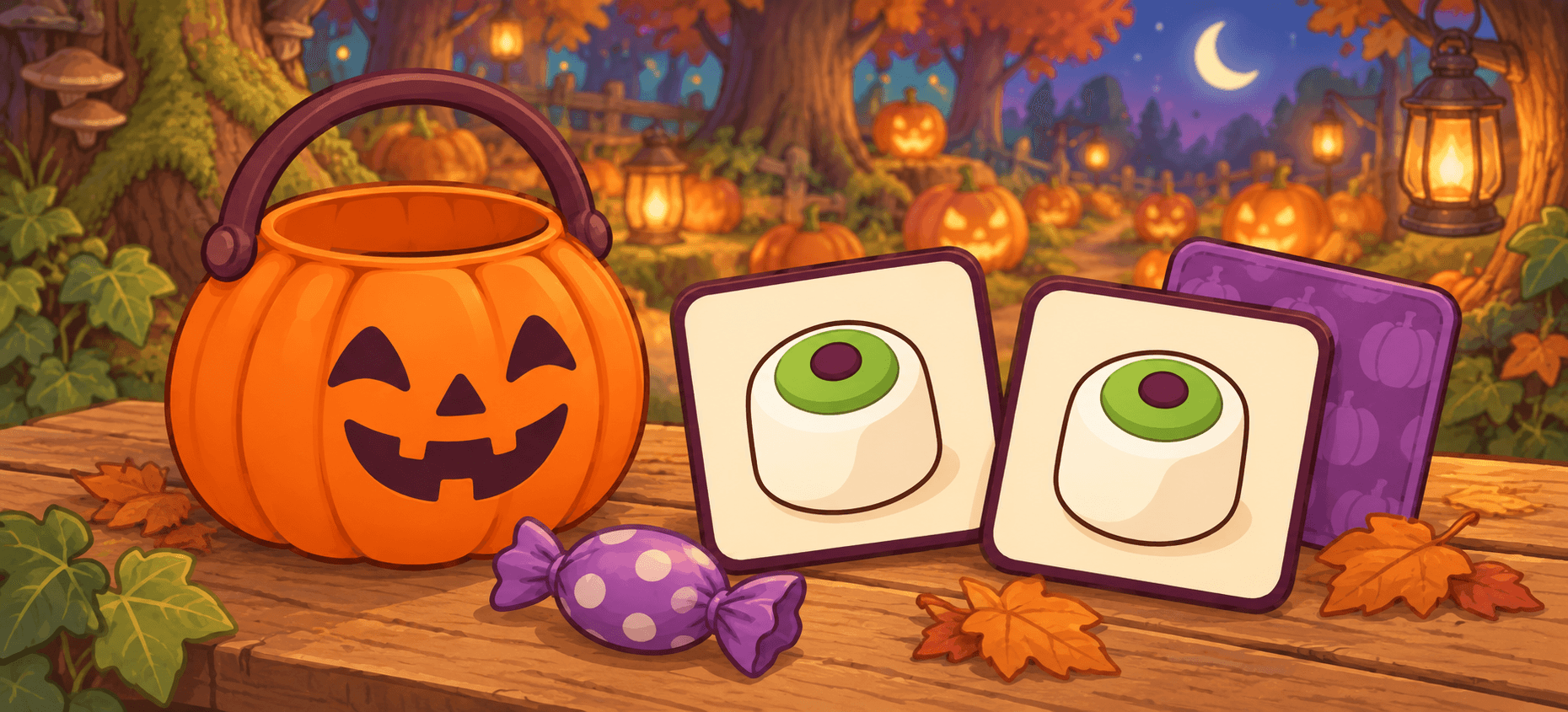 A pumpkin bucket and matching marshmallow-eye cards in a lantern-lit forest.