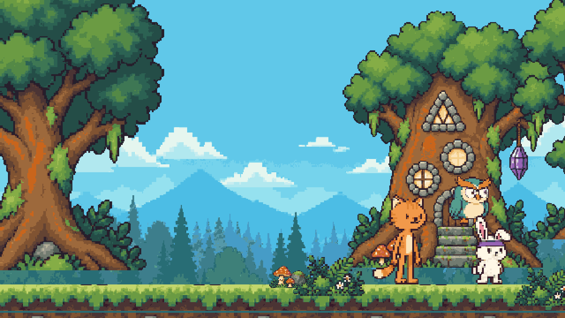 Pixel-art Tabitha stands by Hootie’s treehouse, with Hootie in the doorway and a white bunny on the grass.